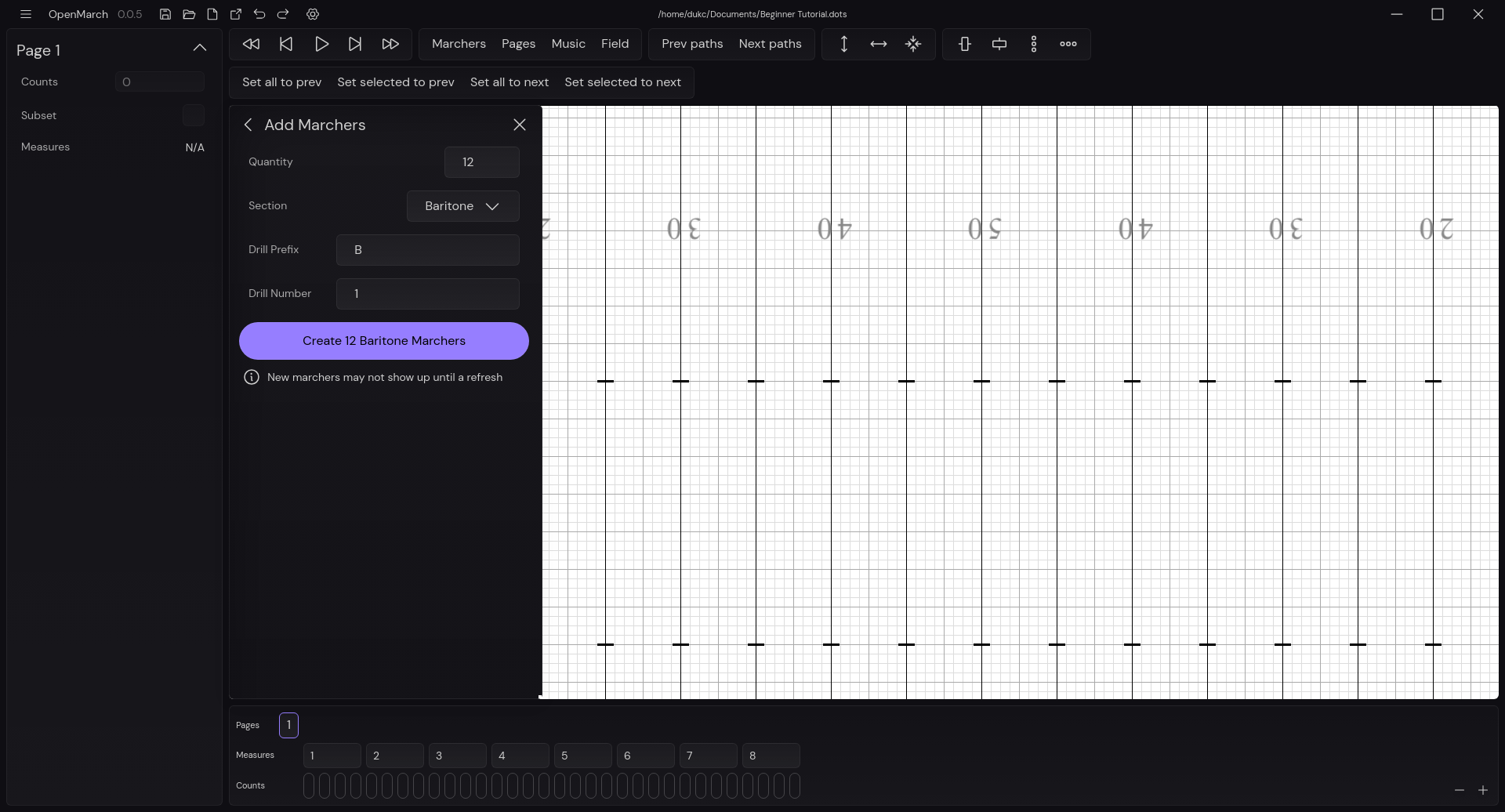 Creating marchers in the marcher sidebar dialog