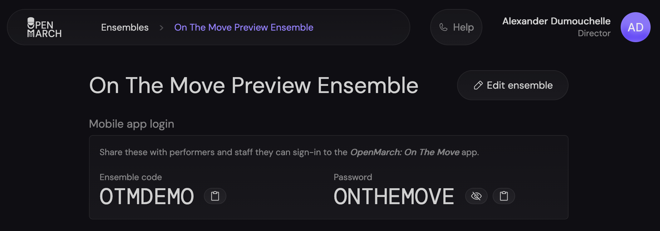 Ensemble code and password in the Ensemble Management Dashboard